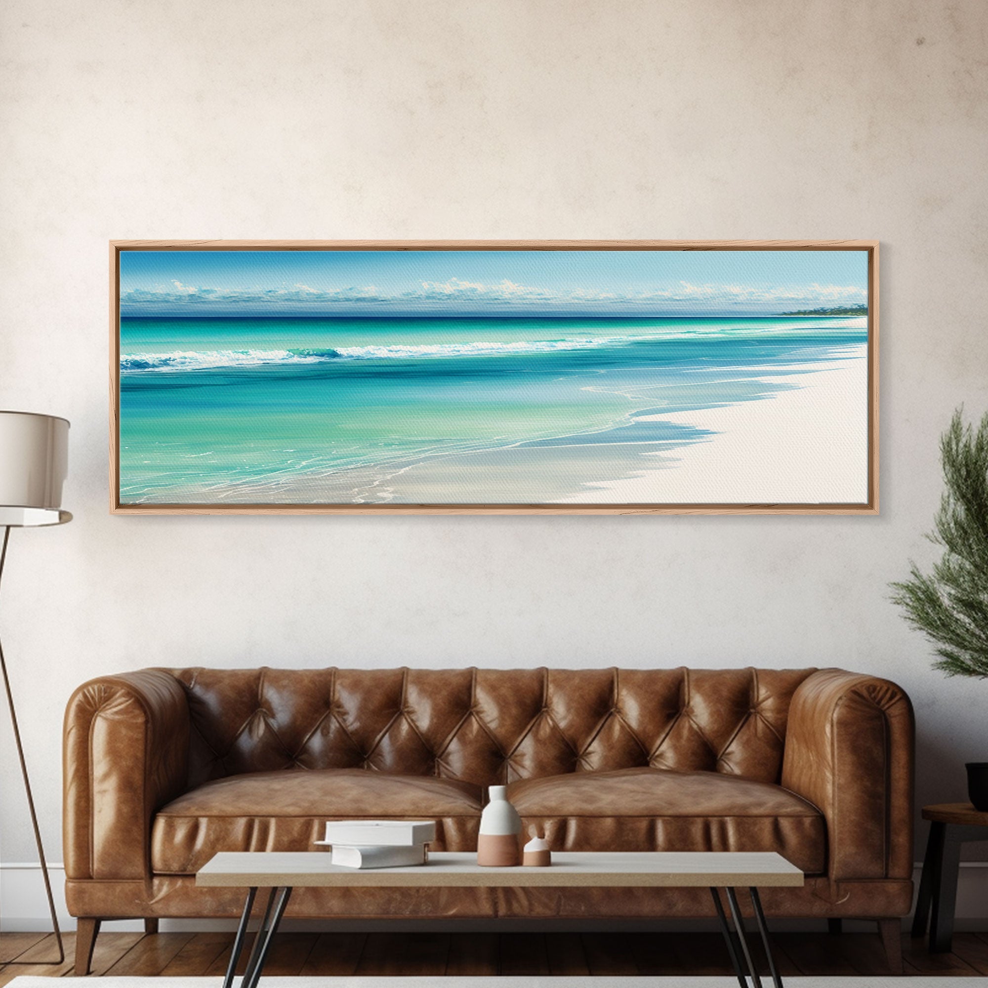 Blue Ocean Waves Panoramic Framed Canvas Print | Coastal Beach Wall Art