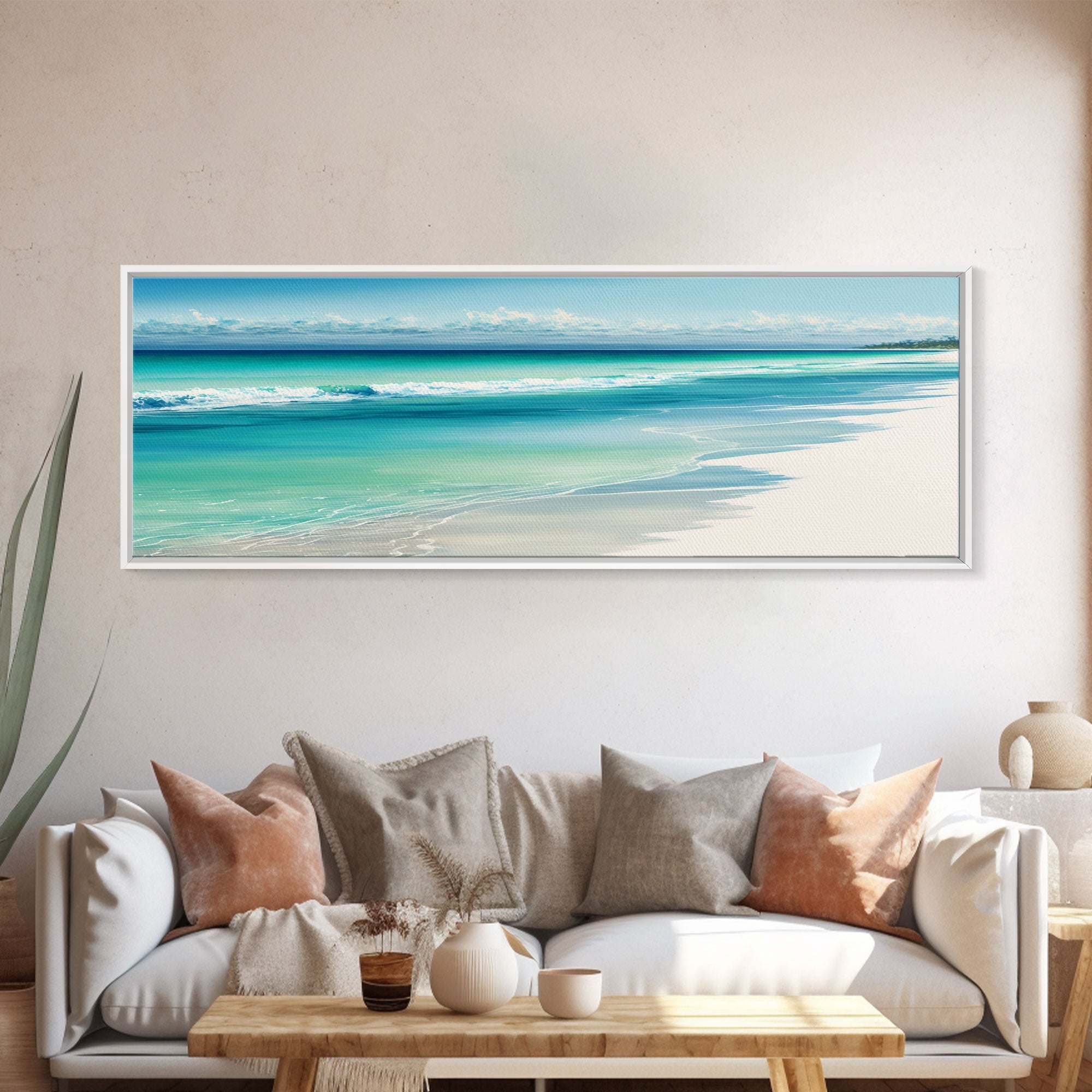 Blue Ocean Waves Panoramic Framed Canvas Print | Coastal Beach Wall Art